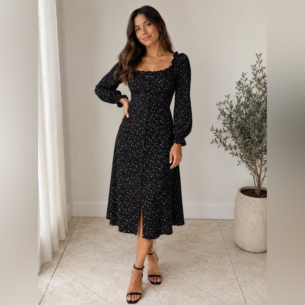 Missguided Black Floral Square Neck Long Sleeve Midi Dress